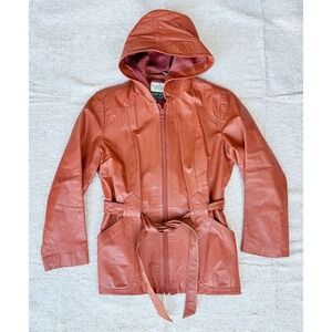 VTG Leather Jacket 70s Women Sz Small Sears Jr Bazaar Brown Belted Hooded Zip